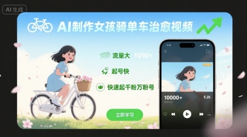 AI制作女孩骑单车治愈视频，流量大，起号快，快速起千粉万粉号-小艾项目网