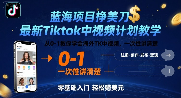 蓝海项目挣美刀，最新Tiktok中视频计划教学，从0-1教你学会海外TK中视频，一次性讲清楚-星火轻创