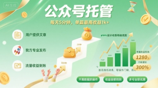 【公众号托管 】我提供文章，你发布，每天5分钟，单篇最高收益1k+【揭秘】-星火轻创