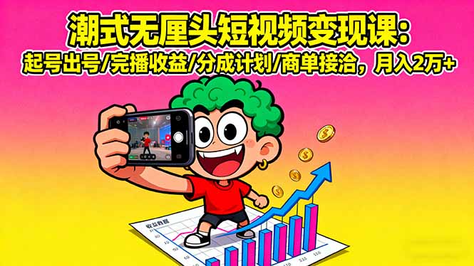 潮式无厘头短视频变现课：起号出号/完播收益/分成计划/商单接洽，月入2万+-星火轻创