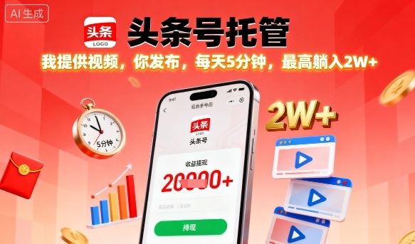 【头条号托管】我提供视频，你发布，每天5分钟，最高躺入2W+【揭秘】-星火轻创