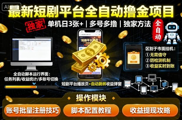 最新短剧平台全自动挂G撸金项目，单机一天3张+，多号多撸，区别于市面所有挂机项目，独家方法【揭秘】-星火轻创