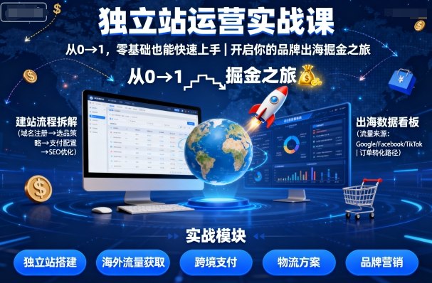 独立站运营实战课，​从0到1，零基础也能快速上手，开启你的品牌出海掘金之旅-星火轻创
