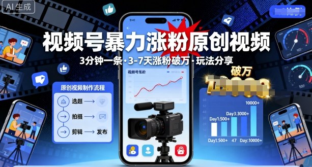 视频号暴力涨粉原创视频，3分钟一条原创视频，3-7天涨粉破万，玩法分享给你-星火轻创