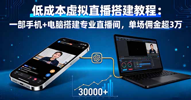 低成本虚拟直播搭建教程：一部手机+电脑搭建专业直播间，单场佣金超3万-星火轻创