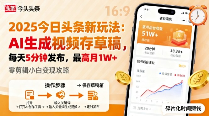2025年今日头条躺賺新玩法，AI生成视频存草稿，每天5分钟发布，最高月1W+【揭秘】-小艾项目网