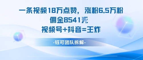 一条视频18W点赞，涨粉6.5W粉佣金8541米，视频号+抖音=王炸-星火轻创