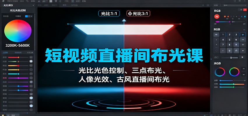 短视频直播间布光课：光比光色控制、三点布光、人像光效、古风直播间布光-星火轻创