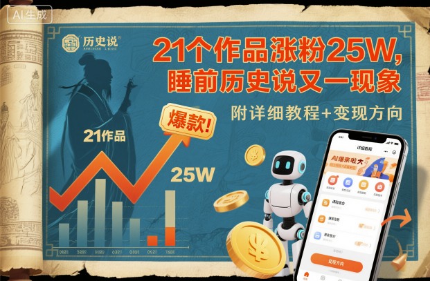 21个作品涨粉25W，睡前历史说又一现象级AI内容大爆款来啦，附详细教程+变现方向-星火轻创