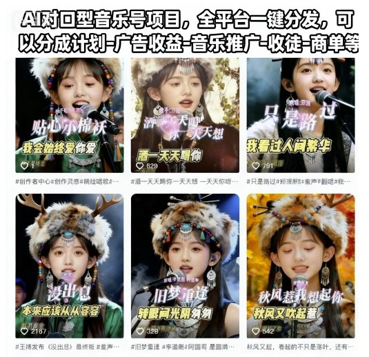 AI对口型音乐号项目，全平台一键分发，可以分成计划-广告收益-音乐推广-收徒-商单等-星火轻创
