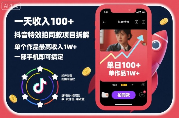 一天收入100+，抖音特效拍同款项目拆解，单个作品最高收入1W+，一部手机即可搞定-星火轻创