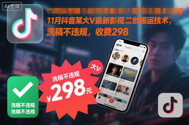 11月抖音某大V最新影视二创搬运技术，洗稿不违规，收费298-星火轻创