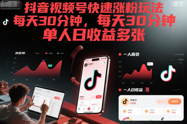 抖音视频号快速涨粉玩法，每天30分钟，单人日收益多张-星火轻创