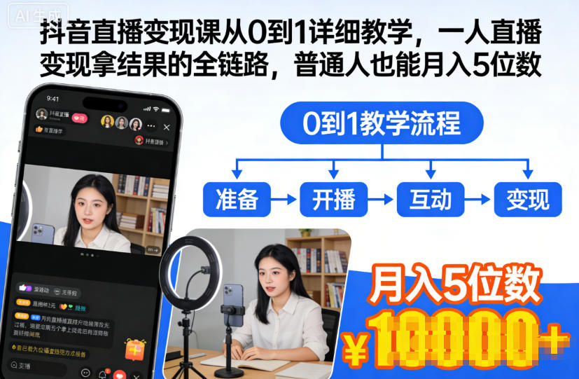 抖音直播变现课从0到1详细教学，一人直播变现拿结果的全链路，普通人也能月入5位数-星火轻创