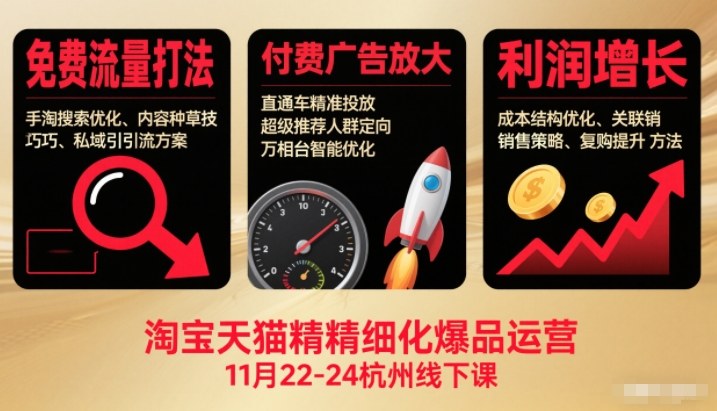 淘宝天猫精细化爆品运营11月22-24杭州线下课，免费流量打法+付费广告放大+利润增长(音频+文档)-星火轻创