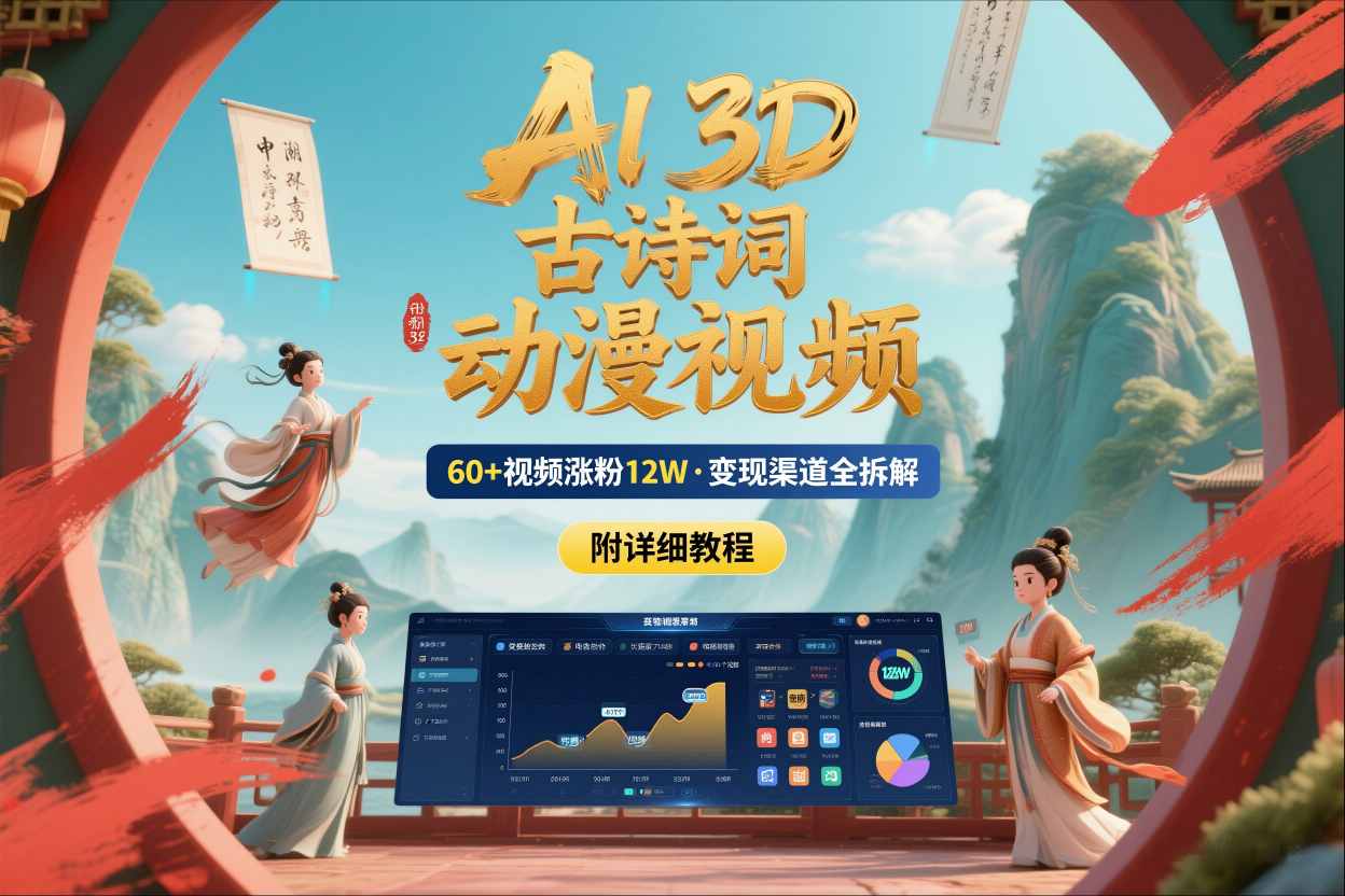 AI制作3D古诗词动漫视频，60多个视频涨粉12W，多个变现渠道拆解【附详细教程】-星火轻创