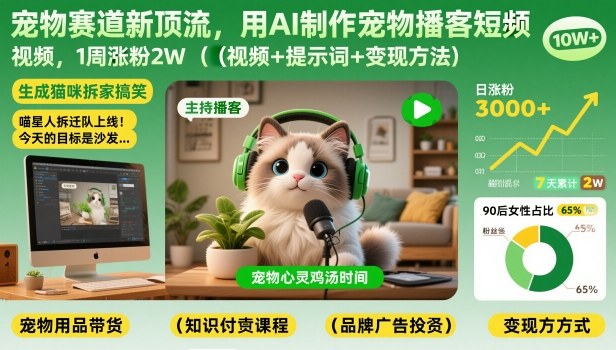 宠物赛道新顶流，用AI制作宠物播客短视频，1周涨粉2W(视频+提示词+变现方法)-星火轻创