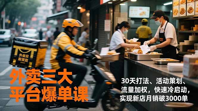 外卖三大平台爆单课，30天打法、活动策划、流量加权，快速冷启动，实现新店月销破3000单-星火轻创