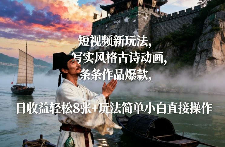 短视频新玩法，写实风格古诗动画，条条作品爆款，日收益轻松8张+玩法简单小白直接操作-星火轻创