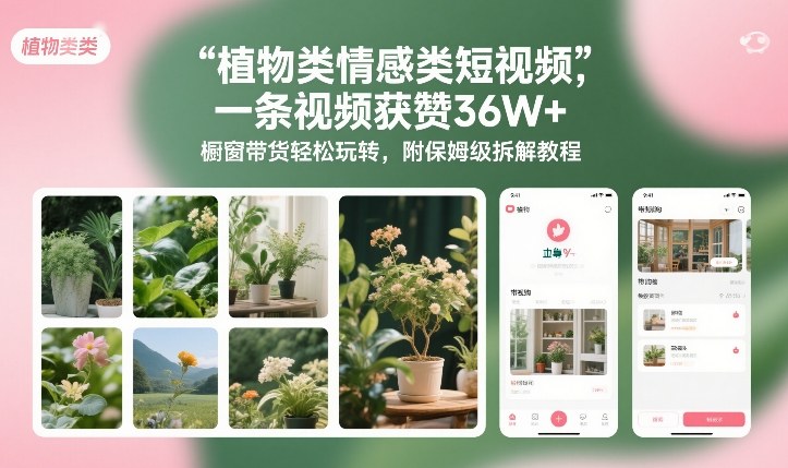 植物类情感类短视频，一条视频获赞36W+，橱窗带货轻松玩转，附保姆级拆解教程-星火轻创