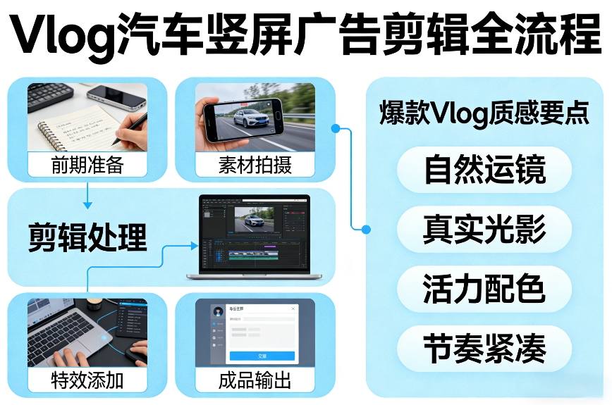 Vlog感觉汽车竖屏广告剪辑脚本全流程，拿捏爆款Vlog质感-星火轻创