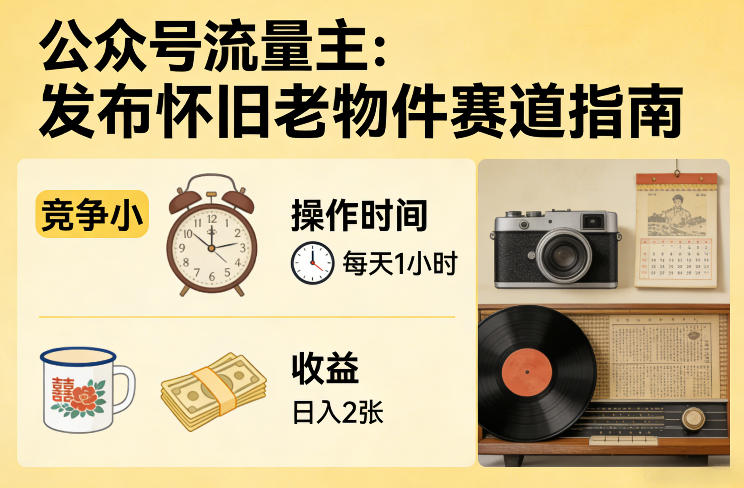 公众号流量主之发布怀旧老物件赛道，竞争小，每天操作1小时，日入2张-星火轻创