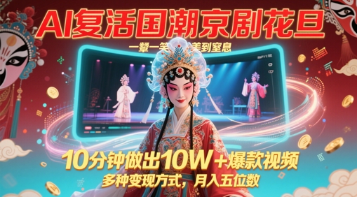 AI复活国潮京剧花旦，一颦一笑美到窒息，10分钟做出10W+爆款视频，多种变现方式，月入五位数-星火轻创