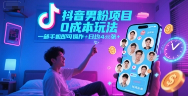 抖音男粉项目0成本玩法，一部手机即可操作，日均4张+，时间自由-星火轻创