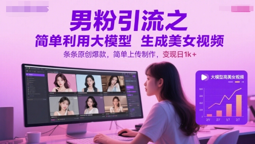 男粉引流之简单利用大模型生成美女视频，条条原创爆款，简单上传制作，变现日1k+-星火轻创