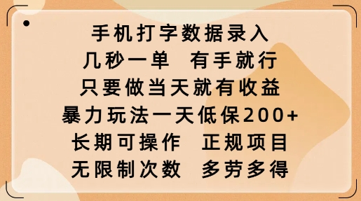 手机打字数据录入，几秒一单，有手就行，只要做当天就有收益，暴力玩法一天低保2张-星火轻创