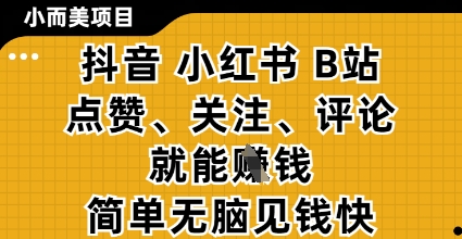 小而美的项目，抖音小红书B站视频点赞、关注、评论就能挣钱，简单无脑立见收益，妥妥的零撸项目【揭秘】-星火轻创