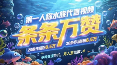 第一人称水族代言视频，条条万赞，20条作品涨粉7.8W，多种变现方式月入五位数-星火轻创