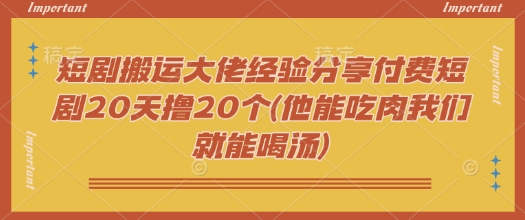 短剧搬运大佬经验分享付费短剧20天撸20个(他能吃肉我们就能喝汤)-星火轻创