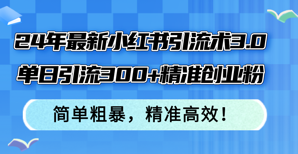 24年最新小红书引流术3.0，单日引流300+精准创业粉，简单粗暴，精准高效！-星火轻创