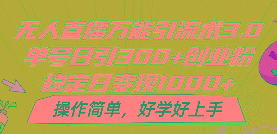 无人直播万能引流术3.0，单号日引300+创业粉，稳定日变现1000+，操作简单-星火轻创