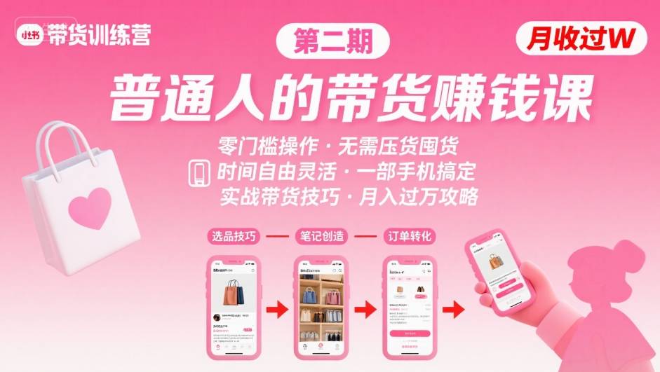 小红书带货第二期训练营，普通人月收过W的带货课，时间自由，零门槛无压货，一部手机即可操作-星火轻创