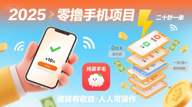 2025年零撸手机项目，二十秒一单，纯薅羊毛 一天2张+做就有-星火轻创