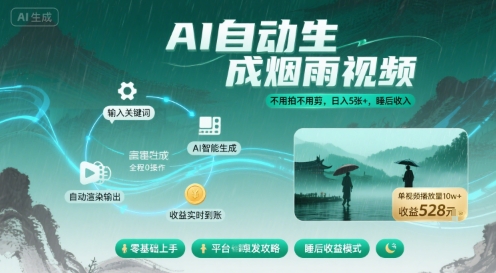 不用拍不用剪！AI自动生成烟雨视频，日入5张+，睡后收入-星火轻创