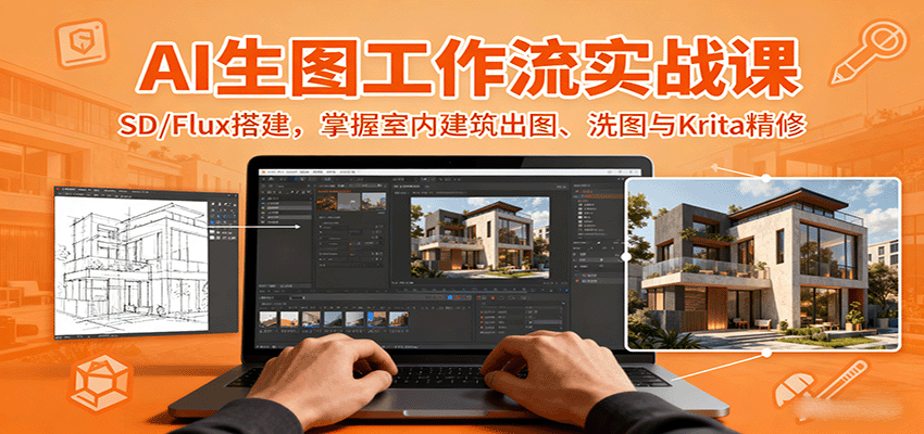 AI生图工作流实战课:SD/Flux搭建,掌握室内建筑出图、洗图与Krita精修-星火轻创