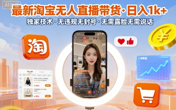 最新淘宝无人直播带货，日入1k+，独家技术，无违规无封号，无需露脸无需说话【揭秘】-星火轻创