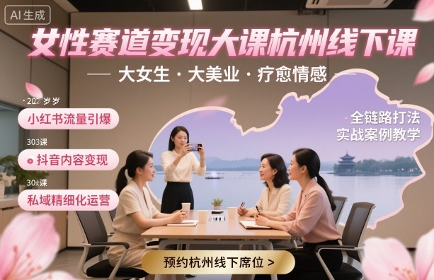 女性赛道变现大课杭州线下，大女生，大美业，疗愈情感，一套小红书、抖音、私域全链路打法-小艾项目网