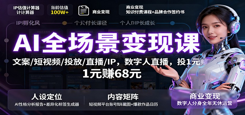 AI全场景变现课:文案/短视频/投放/直播/IP,数字人直播,投1元赚68元-星火轻创