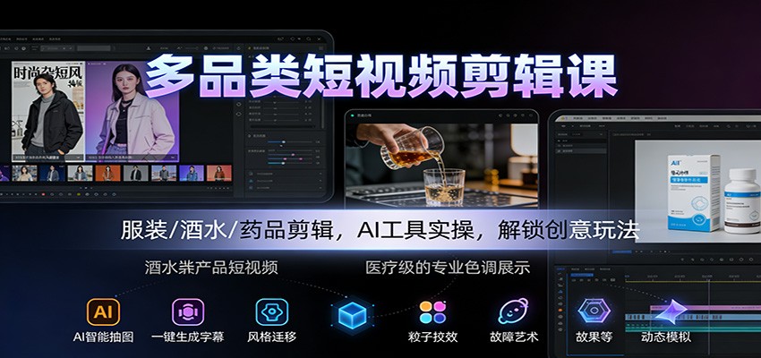多品类短视频剪辑课:服装/酒水/药品剪辑,AI工具实操,解锁创意玩法-星火轻创