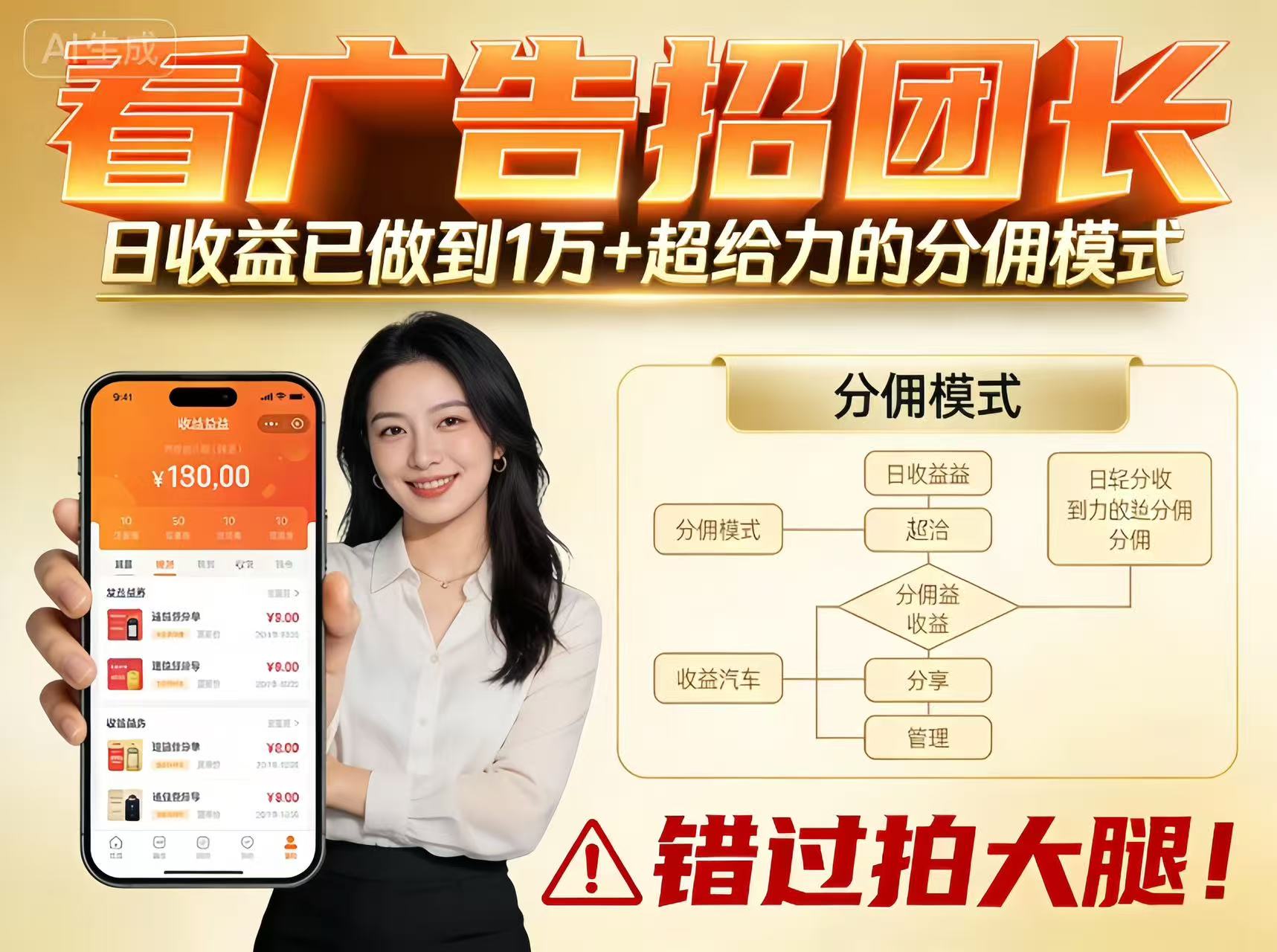看广告招团长，团队收益已做到日入1万，分佣模式超给力，错过拍大腿-星火轻创