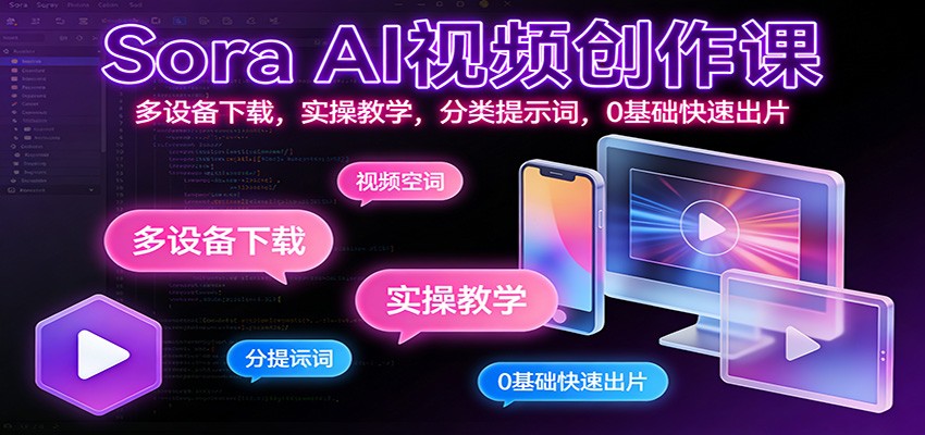Sora AI视频创作课:多设备下载,实操教学,分类提示词,0基础快速出片-星火轻创