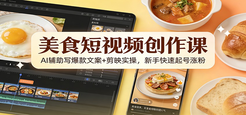 美食短视频创作课:AI辅助写爆款文案+剪映实操,新手快速起号涨粉-小艾项目网