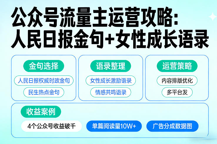 利用人民日报金句+女性成长语录做公众号流量主，4个公众号收益破千-星火轻创