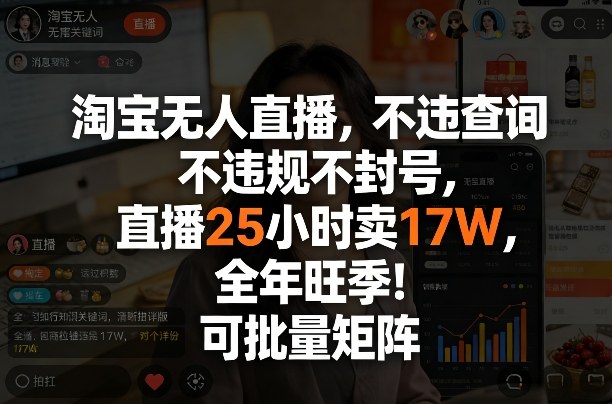 淘宝无人直播，不违规不封号，直播25小时卖17W，全年旺季！可批量矩阵【揭秘】-星火轻创