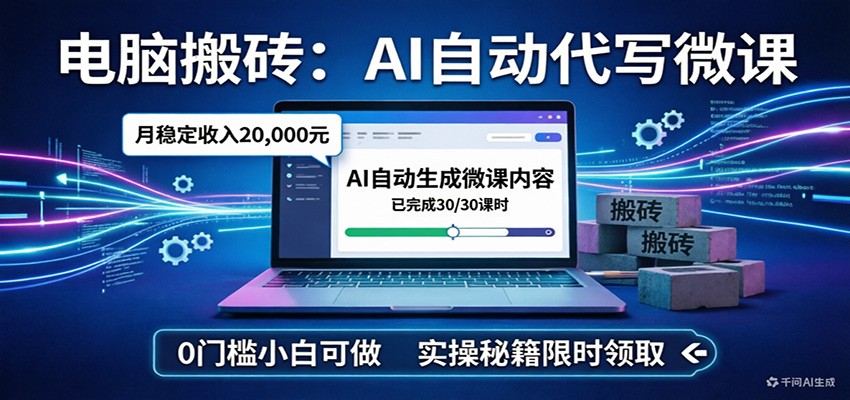 电脑搬砖AI自动代写微课，月稳定2W，0门槛小白可做，实操秘籍-星火轻创