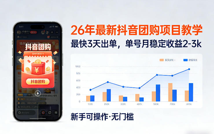 26年最新抖音团购项目教学，0门槛，最快3天出单，单号月稳定收益2-3k(更新3月11日)-星火轻创